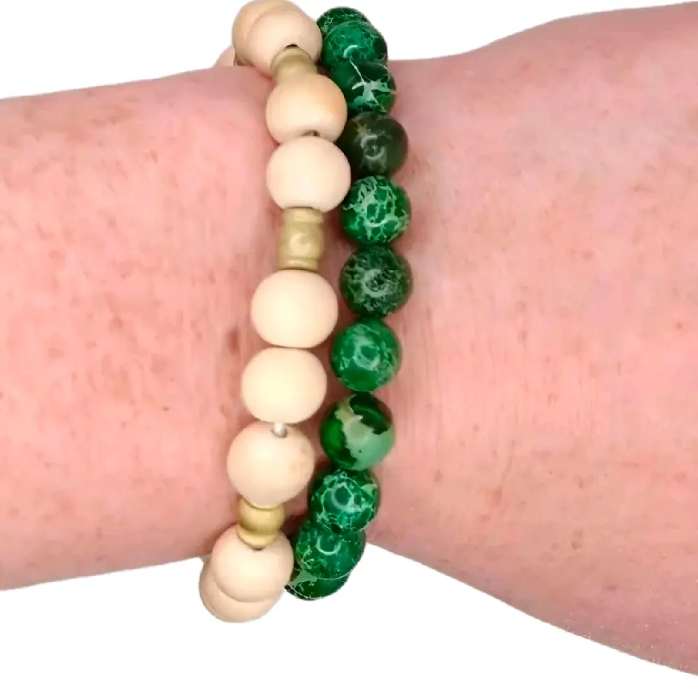 Green Jasper Bracelet with Silver Hope Charm & Cream Wooden Beads with Gold Beveled Barrel Beads for Natural Stone Lovers