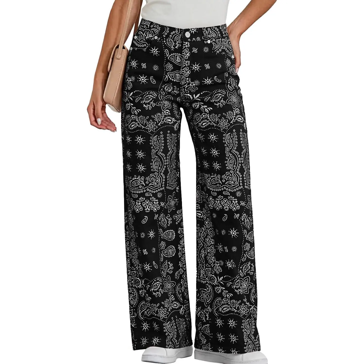 Women's Bohemian Floral Jeans - High-Waist, Baggy Wide-Leg Denim Bottoms with Pockets, Nautical Retro Vintage Relaxed Fit Casual Pants