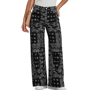 Women's Boho Printed High-Waist Baggy Wide-Leg Denim Jeans, Bohemian Nautical Retro Vintage Boyfriend Bottoms with Pockets, Casual Fabric Pants