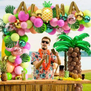 Tropical luau balloons arch garland kit luau party decorations with palm leaves flamingo palm tree aloha foil balloon coconut balloons set for tropical hawaiian aloha luau flamingo party alohaa