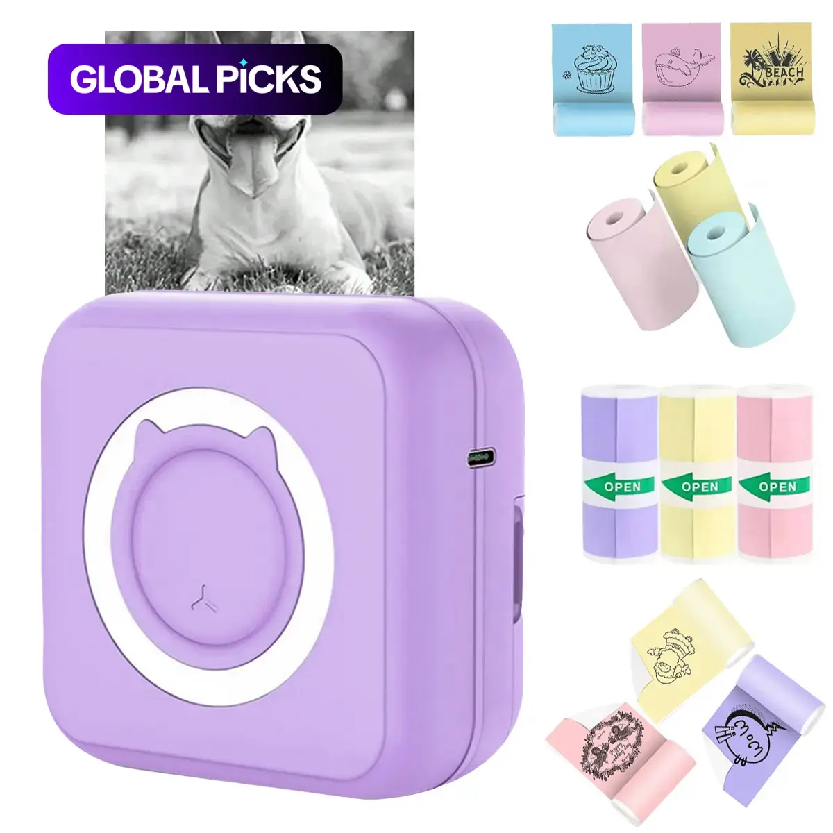 Portable Mini Handheld Wireless Sticker Printer, Inkless Thermal Printer, 1 Set Mini Photo Printer with 3 Rolls Colored Self-Adhesive Stickers & 3 Rolls Colored Paper, Portable Printer for Notes, Diary, Memos & Photos #GLOBAL PICKS
