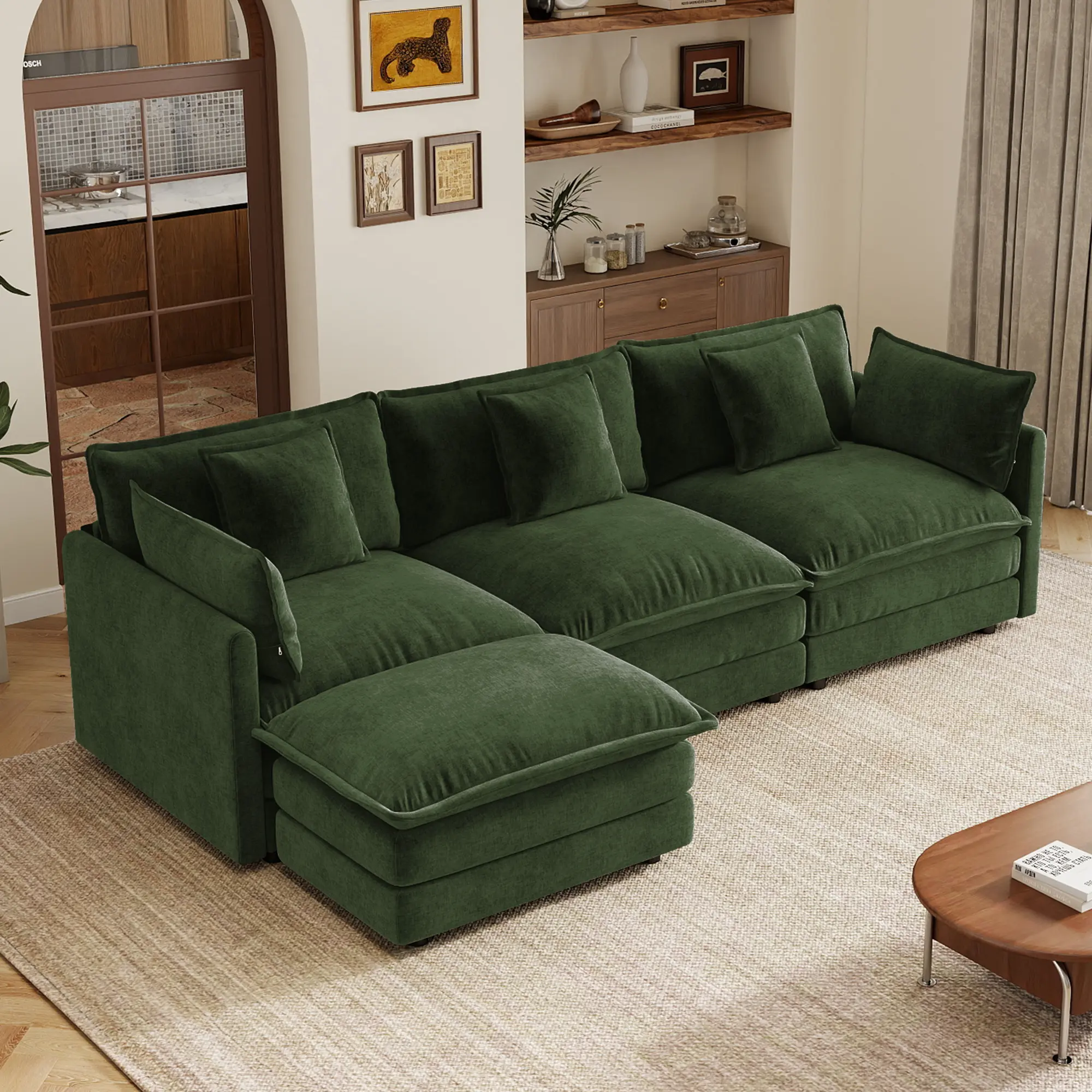 Green Chenille Modular L-Shaped Sectional Sofa with Ottoman, 3-Seater Oversized Couch for Living Room, Home Theater Seating, Includes Pillows, Easy Assembly