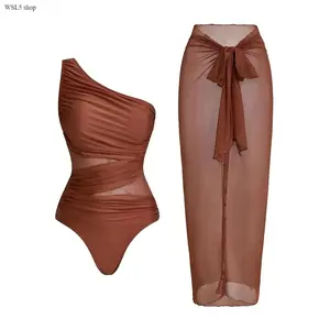 Women’s Tummy Control Ruched 1-Piece Swimsuit with Mesh Panel & Sarong Skirt - Slimming Bathing Suit for Beach, Pool, Vacation, One Piece Swimsuit