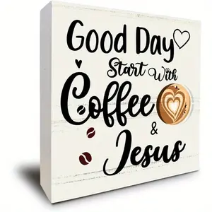 Coffee Sign Decor, Coffee Table Decor, Rustic Farmhouse Design, Good Day Start With Coffee and Jesus, Wood Box Sign Block Coffee Table Decorations for Coffee Bar Home Office Shelf Decor 5 x 5 Inch, White