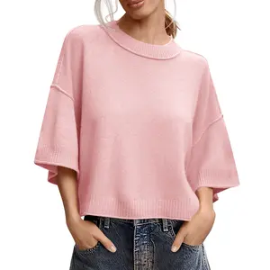 Saodimallsu Womens Short Sleeve Sweater Summer Oversized Cropped Sweaters Casual Crewneck Lightweight Knit Tops Knitwear Womenswear Knitting Bridal Bridal Bridal