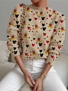 Women's Cartoon Rabbit Animal Print Stand Collar Fitted Sweater, Fall Winter Casual Long Sleeve Knitwear, Comfortable Warm Daily Wear