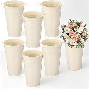 6 Pcs Galvanized Metal Planters with Handles Bulk Farmhouse Flower Vases Galvanized Buckets for Home Decor Wedding Table Centerpiece Decorations Beige 9.8 Inch