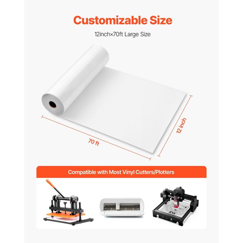 VEVOR Heat Transfer Vinyl, 12 in x 70 ft, Glossy White HTV Iron on Vinyl Roll, Easy to Cut and Weed, Strong Adhesion, Compatible with Cutting Machines, for Various Materials, T-shirts, Pillows, Hats