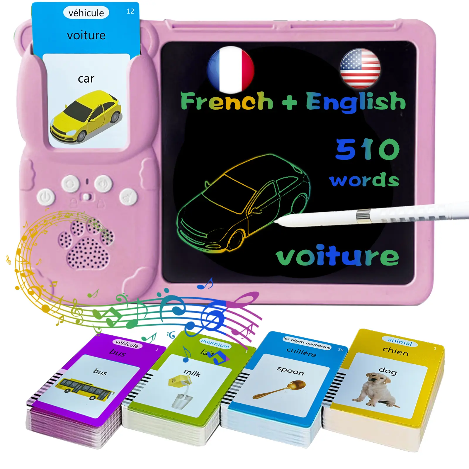 Bilingual English French Talking Flash Cards with Writing Tablet - 8" LCD Tablet for Writing, Messing-Free Drawing Pad, 510 Daily Words, Speaking Sensory Toys for Autistic Children, Educational Toys Gifts for Boys Girls 3-12, Language Learning Tool, Pink