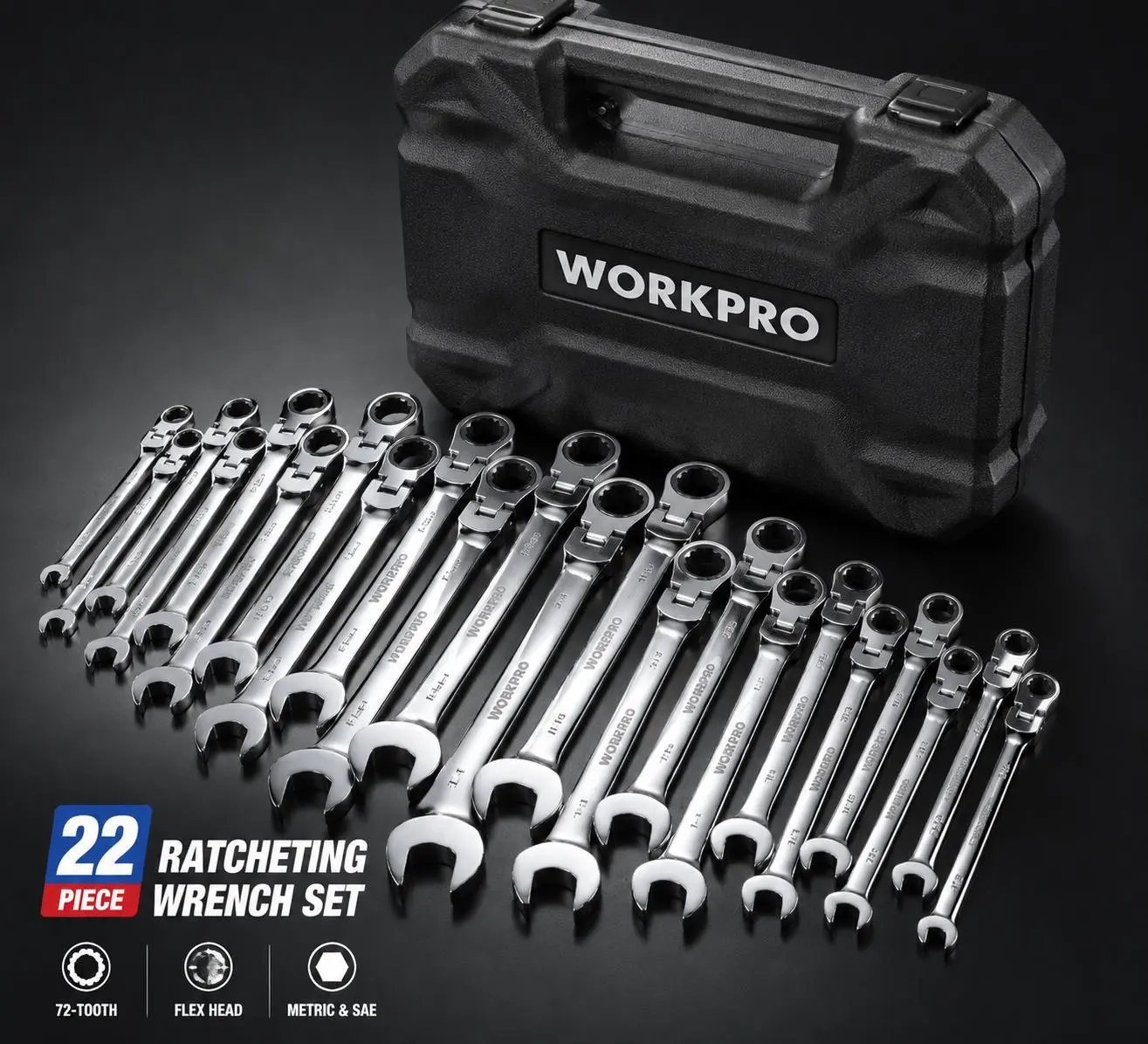 【WORKPRO】22PCS Ratcheting Wrench Set SAE & Metric, 72-Tooth Flex Head Combination Wrench Kit, CR-V Steel 180° Pivoting Head, Professional Auto Repair & DIY Tool Set sohochic