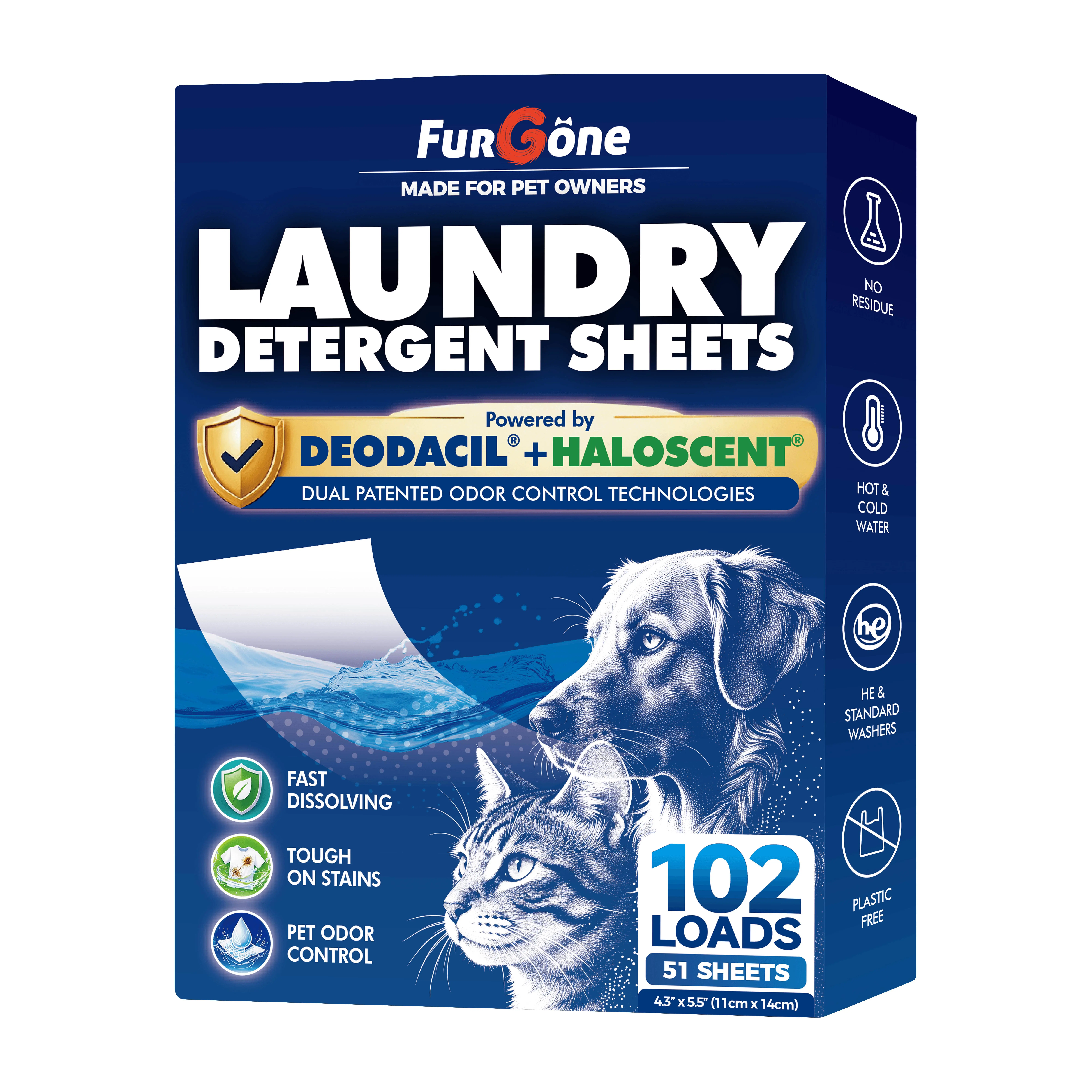 Furgone Solid Laundry Detergent Sheets for Pet Owners - 51 Sheets per Box, 102 Loads, 3-Step All-Purpose Cleaner, Deodorizer, Fur Remover, Non-Toxic, Biodegradable, Quick Dissolve, Green Cleaning, Odor Removal