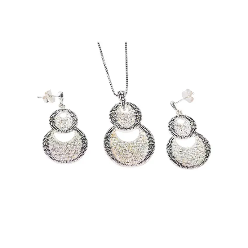 925 Sterling Silver Marcasite Double Circle Jewelry Set – Necklace 16” 18” 20” (1mm Box Chain) + Earrings, Adults