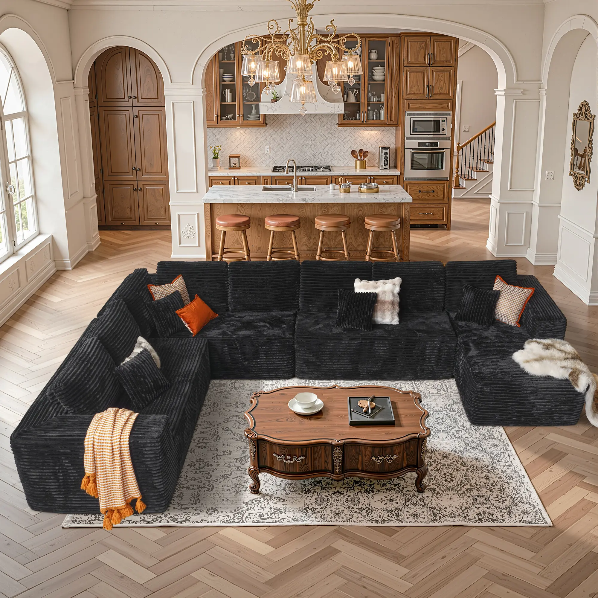 【3/4 Packages shipping】[free pillows] U-Shape Modular Sectional Couch Sofa, Compressed Plush Corduroy, Modern Sleeper Sofa for Living Room, Space-Efficient Design-Convertible Sectional Couch