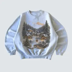 Retro Christmas Winter Village Sweatshirt , 90s Vintage Mountain Pine Trees Decorated Cabins Outfit, Boho Unisex Crewneck Sweatshirt