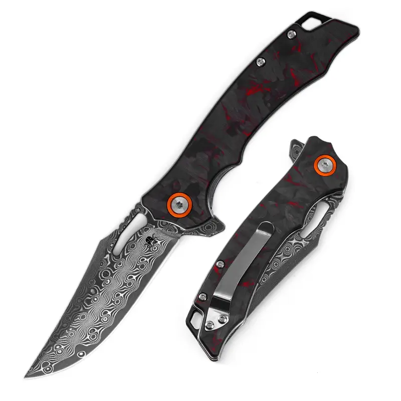 Klaken Wraith J385 Damascus Blade Folding Pocket Knife, Red Carbon Fiber Handle, Spring Mechanism Outdoor Camping EDC Tool