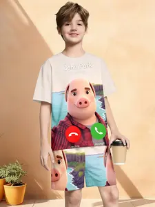 Boys' 3D John Pork Funny Phone Interface Short Sleeve Set, Perfect for Parties, Holiday Gifts, Birthday Presents, Meme Clothing, Teen Meme