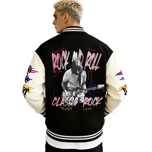 Men's Colorblock Baseball Jacket Polyester Durable Wind-Resistant "ROCK AND ROLL" Classic Rock Guitarist Music Graphic Varsity Coat Y2K Vintage Retro Old-School SWAG Streetwear Light Fleece-Lined Casual Sports Black Cream Jacket Trendy Gift for Boyfriend
