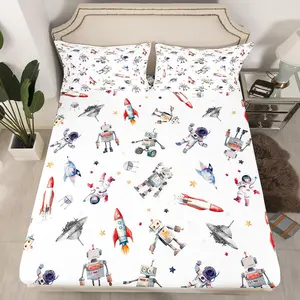 Cute Robot Rocket Fitted Sheet Astronaut Universe Exploration Bedding Set Bedroom Decor,Cartoon UFO Starry Sky Galaxy Bed Sheet Soft White Deep Pocket Sheet