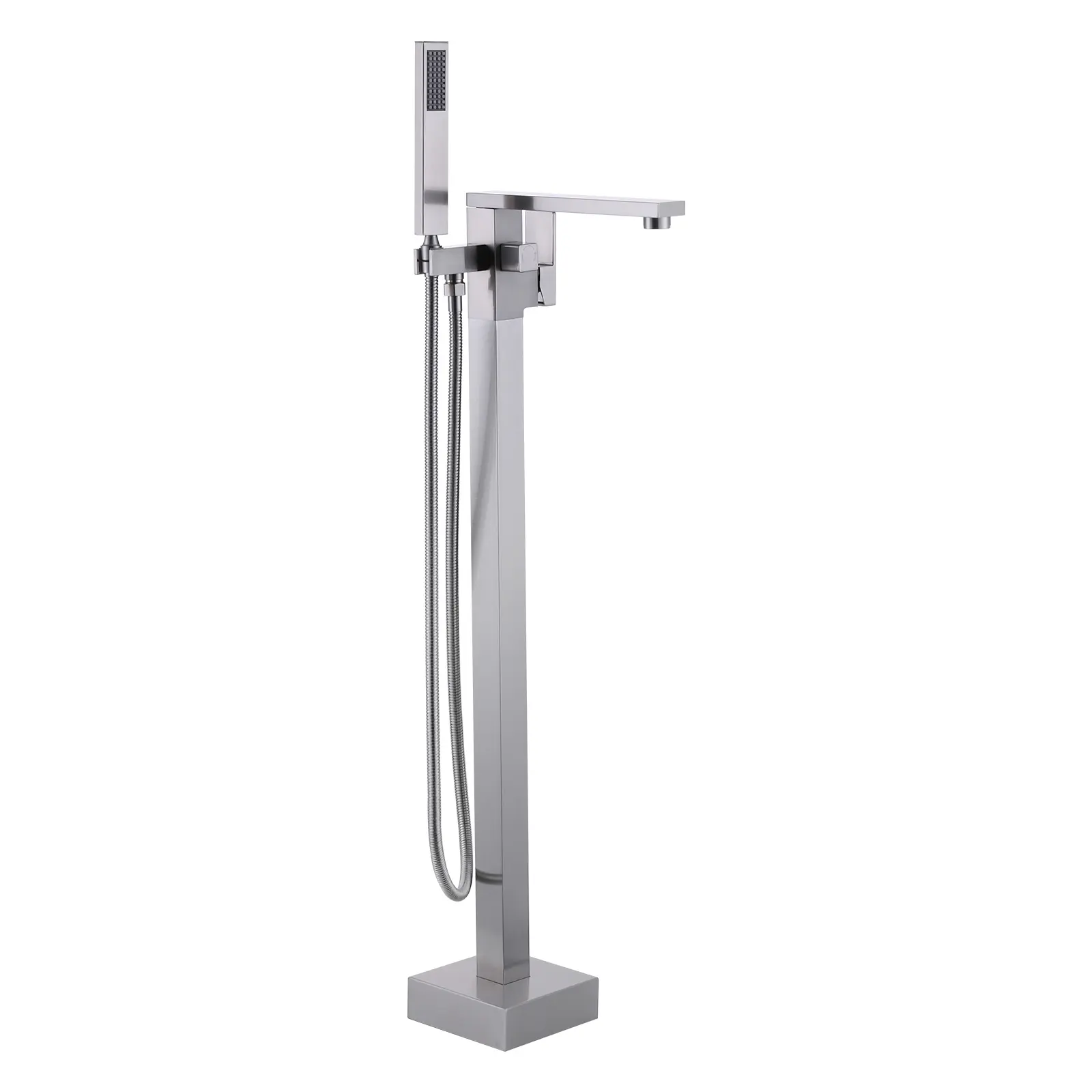 WOWOW Freestanding Bathtub Faucet, Floor Mount Tub Filler, High Flow Brass Bathroom Faucet Single Handle with Hand Shower, Brushed Nickel
