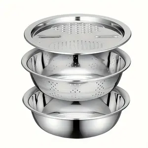 3-Piece Kitchen Set, Stainless Steel Mixing Bowl & Cutting System, Easy Clean Design, Space-Saving, Ideal for Home Cooking