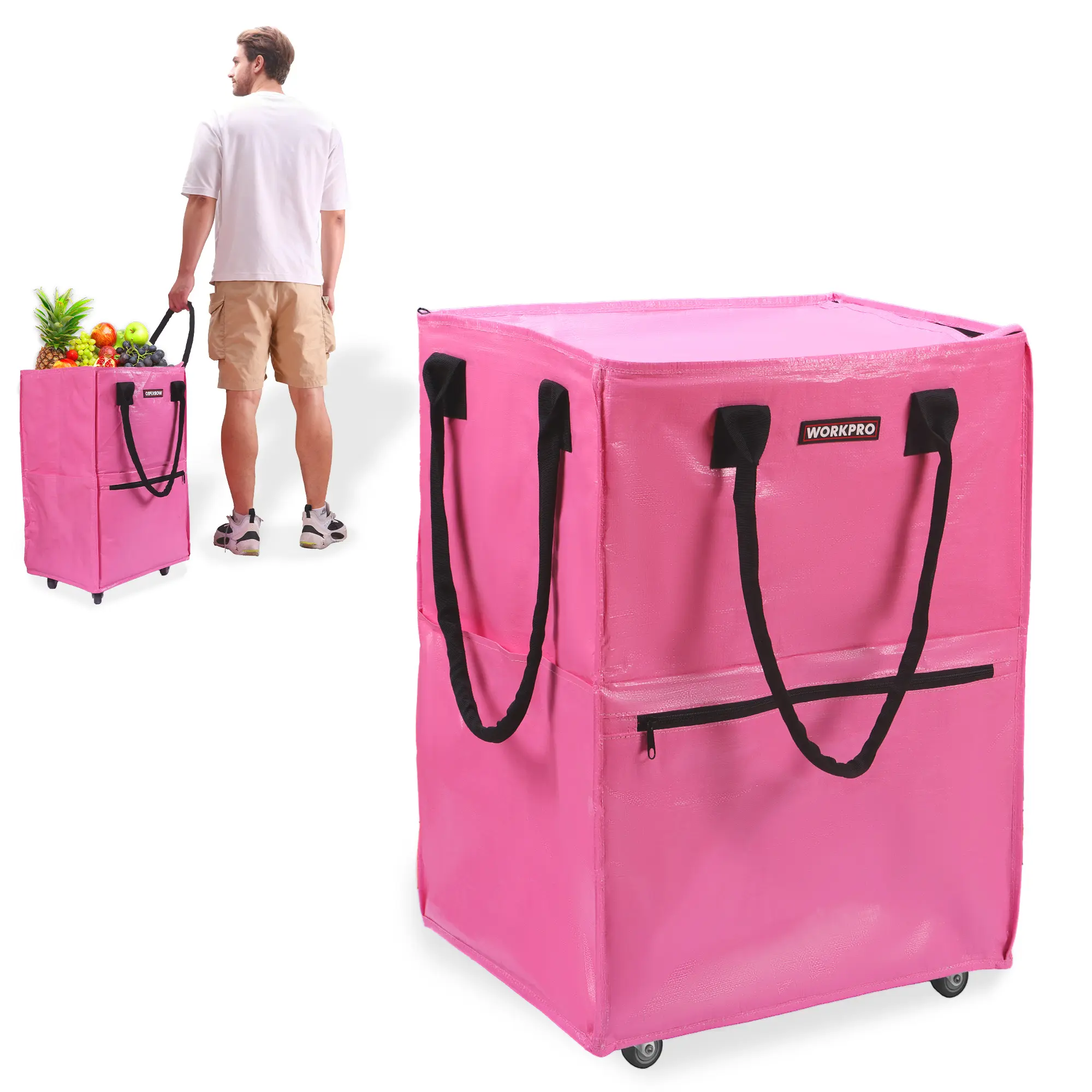 WORKPRO Medium Reusable Grocery Bag on Wheels, Heavy Duty Rolling Shopping Tote with Handle, Folding Trolley on 4 Caster Wheels for Groceries, Laundry, Camping, Moving
