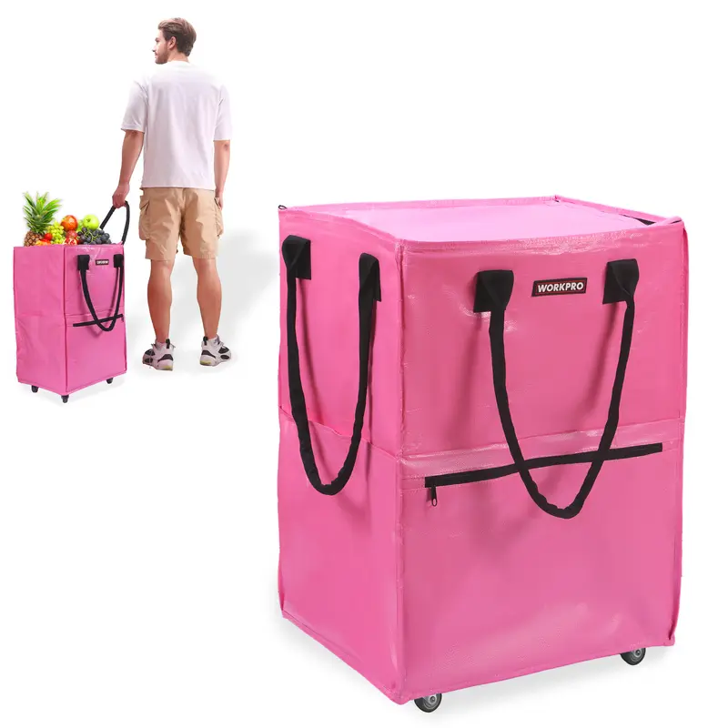 #toolupgrade WORKPRO Medium Reusable Grocery Bag on Wheels, Heavy Duty Rolling Shopping Tote with Handle, Folding Trolley on 4 Caster Wheels for Groceries, Laundry, Camping, Moving