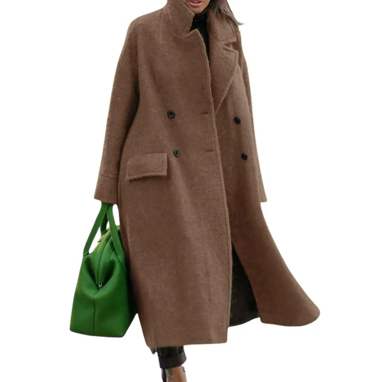 CHARTOU Women's Baggy Solid Long Winter Wool Blend Pea Trench Overcoat - Warm Outerwear for Day Outfits, Matching Tops, Elegance, Long Sleeve, Elegant, Basic, Jackets, Button
