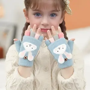 Comfortable Soft Plush Lined Knit Polyester Half-Finger Rabbit Design Gloves, Perfect for Winter Outdoor Activities & Daily Use