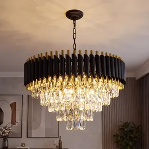Modern Black & Gold Crystal Chandelier, Dimmable Chain-Link 5-Tier 23.6-Inch E12 Crystal Chandelier for Living Room/Dining Room/Bedroom