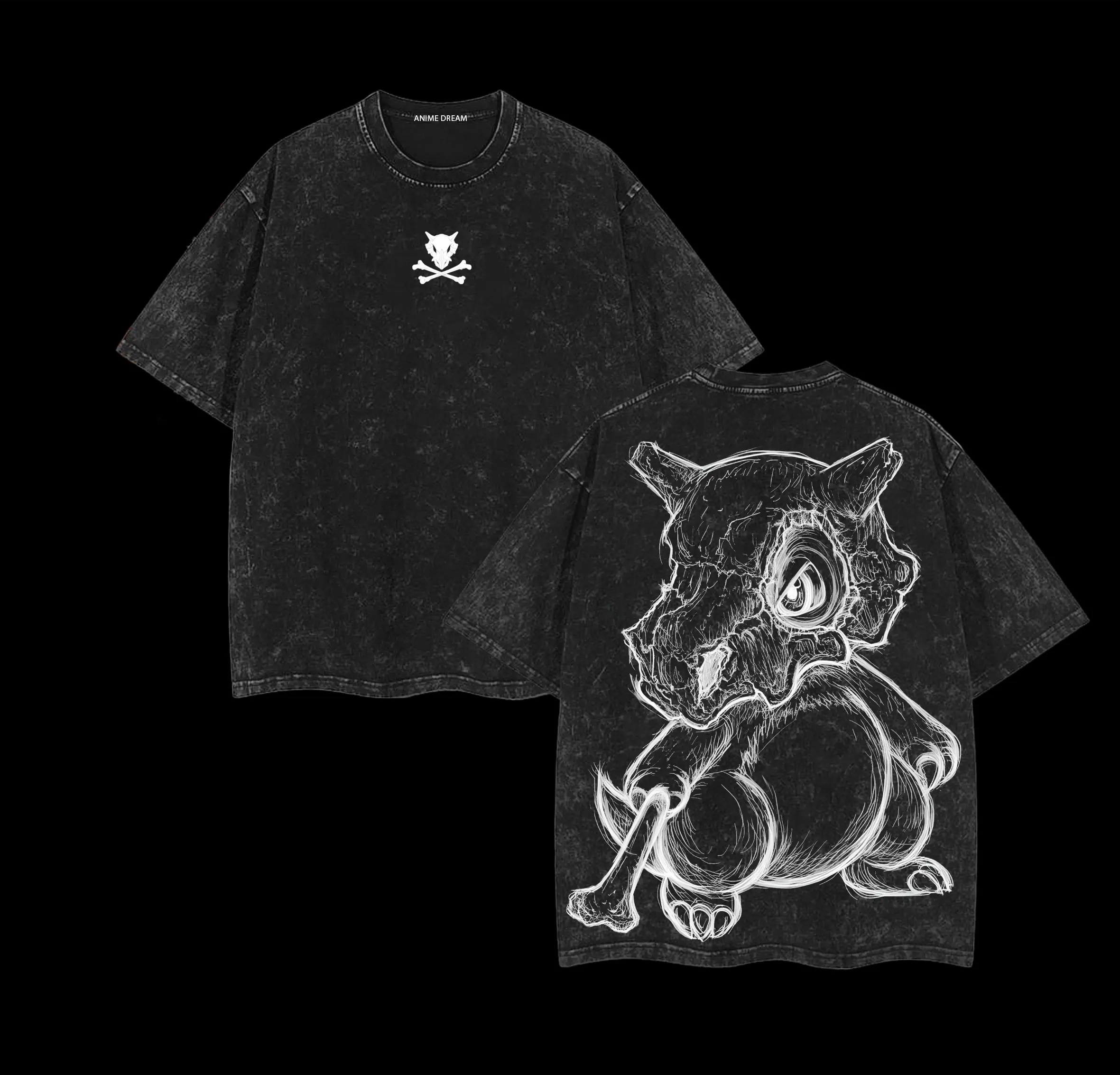 Cubone – Pokémon Anime Double Printed Vintage Washed Tee Unisex Oversize Anime Manga Washed Heavyweight Cotton T-shirt