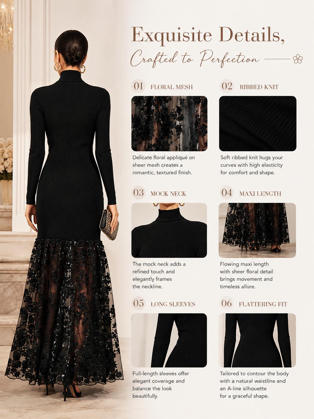 FEHAUTE Black Mesh Floral Fall Knit Mock Neck Long Sleeve A-Line Maxi Cocktail Party Evening Dress Elegant Longsleeve Dress Elegant Chic Dress
