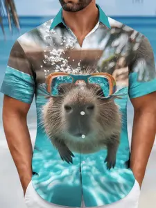 Men's Fun Otter Pattern Shirt, Hawaiian Beach Shirt with Button Front, Lightweight Loose Fit Tropical Vacation Shirt, Perfect Birthday Gift