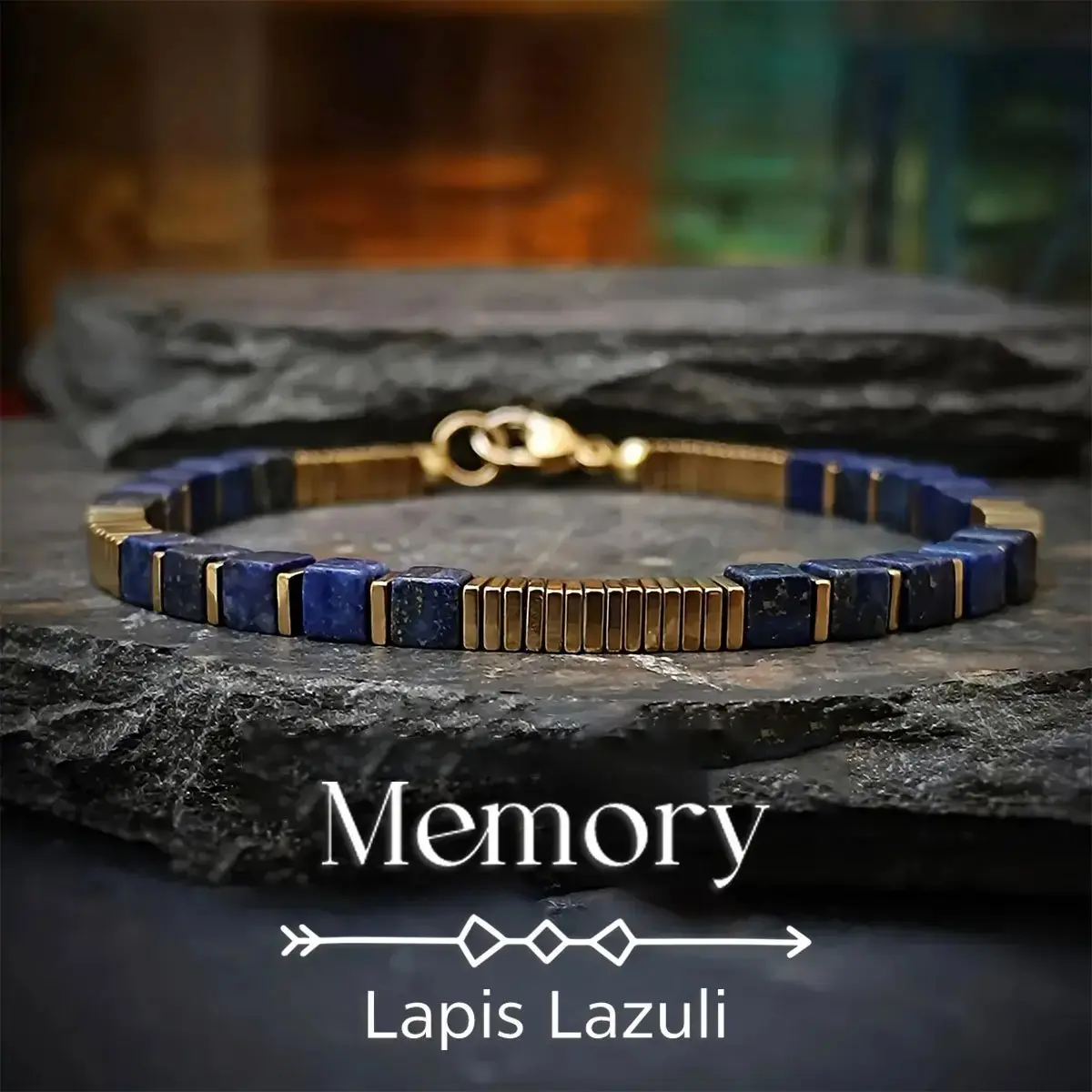 Beaded Bracelet with Square Lapis Lazuli, Minimalist Geometric Design, Handmade Jewelry for Daily Wear, 21cm, Beading