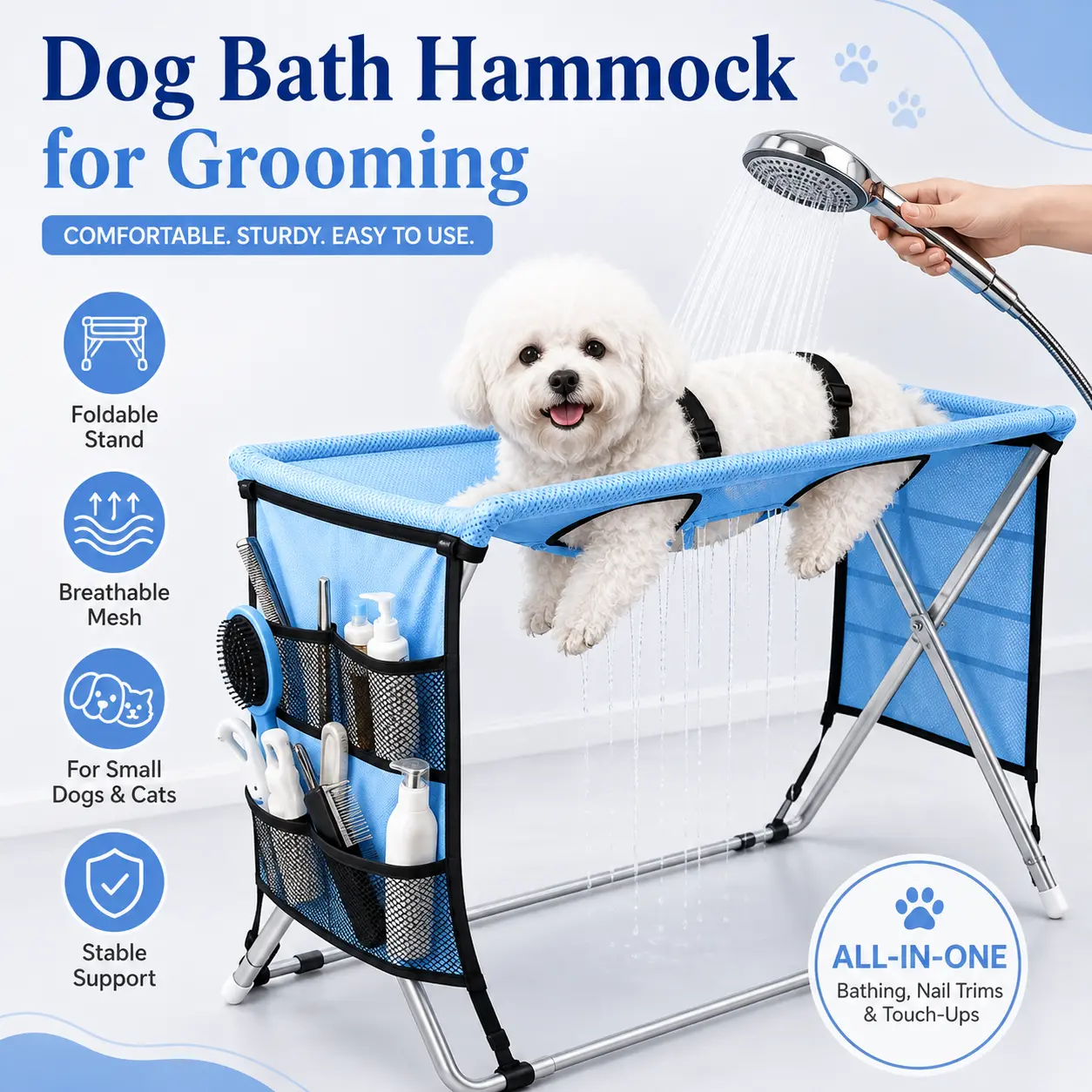 Dog Grooming Hammock with Stand, Foldable Pet Bathing & Nail Trimming Station for Small Dogs and Cats, Breathable Quick-Drain Mesh Shower Holder, Portable Home Grooming Sling with Storage Pockets, Bathing, Brushing & Paw Care