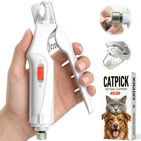 Catpick 2-in-1 Rechargeable Pet Nail Clipper & Grinder, LED Auxiliary Light, Low Noise Electric Nail Trimmer File for Dogs Cats, Safe for Light Claws, Dark Claws Lighting Assist