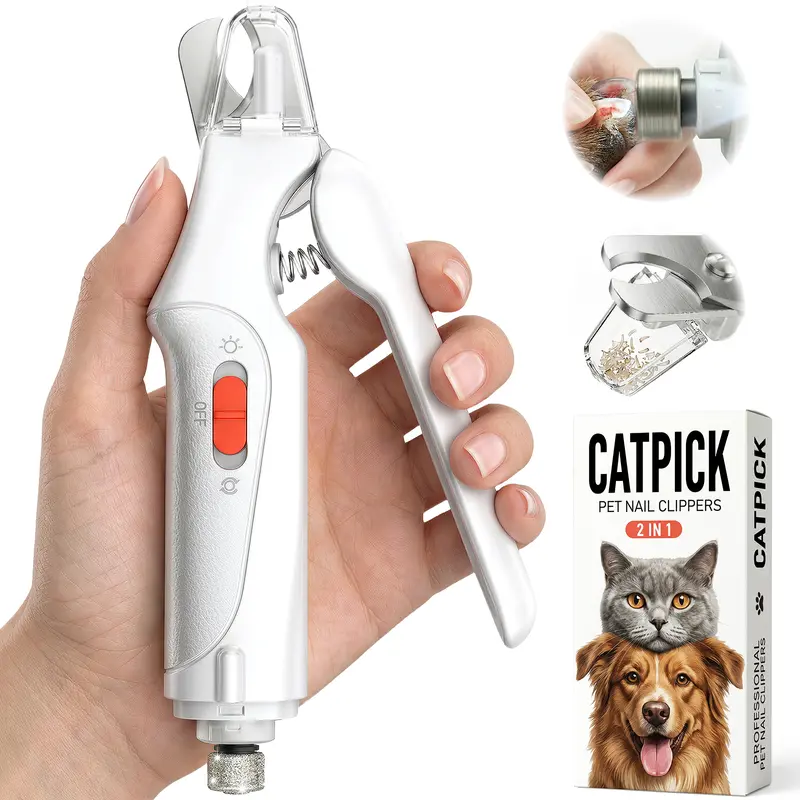 Catpick 2-in-1 Rechargeable Pet Nail Clipper & Grinder, LED Auxiliary Light, Low Noise Electric Nail Trimmer File for Dogs Cats, Safe for Light Claws, Dark Claws Lighting Assist