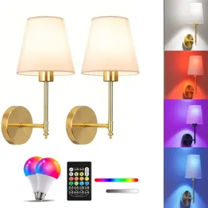 Rechargeable Fabric Dimmable Wall Lamp with RGB Bulb, Scandinavian Style Lighting for Living Room Bedroom Balcony, Wireless Installation, Atmosphere Lighting