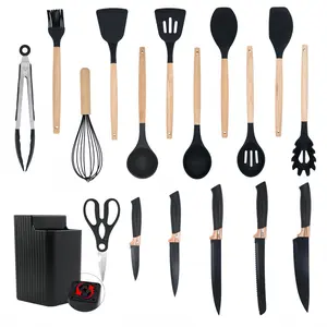 18-Piece Kitchen Utensil Set — BPA-Free Matte Silicone Cooking Set, Dishwasher Safe | Heat-Resistant & Scratch-Proof | Includes Chef's Knife Set (Featuring 11 Cooking Tools, 5 Sharp Knives, 1 Pair of Scissors, and 1 Rotating Storage Caddy)