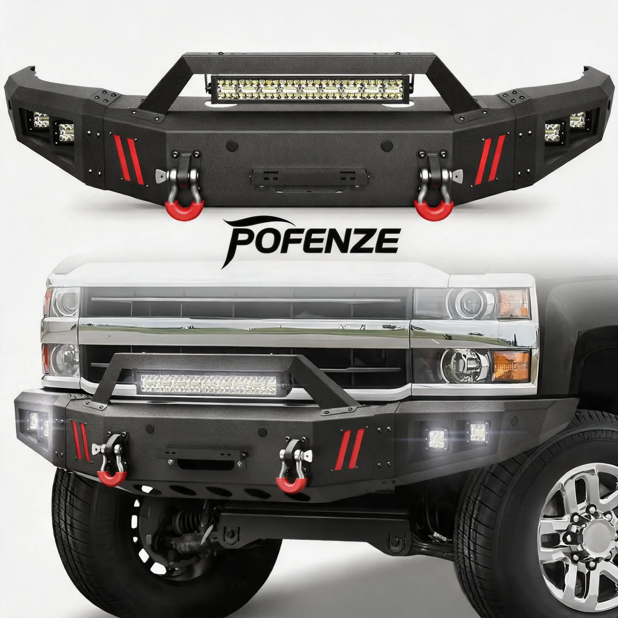 POFENZE-NADIA Full Width Carbon Steel Front Bumper - Corrosion-Resistant Metal Bumper for Chevrolet Silverado 2500/3500 HD 2015-2019 Pickup Truck, Textured Black, Built-in Winch Plate, LED Lights, D-Rings, Easy Installation, Led Light, Corrosion Resistanc