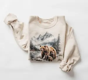 Retro Grizzly Bear Mama & Three Cubs Mountain Scene Sweatshirt - Nineties 90s Vintage Brown Bears Outfit - Boho Unisex Crewneck Sweatshirt