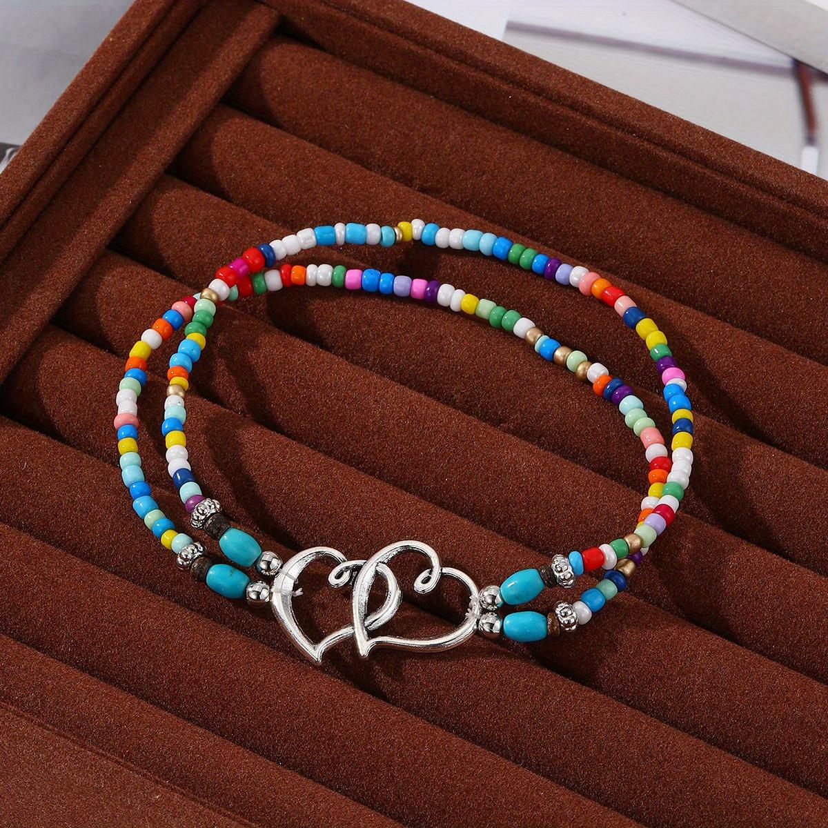 3Pcs Set Fashion Women Bohemia Beaded Heart Charms Multi-layer Anklet, Exquisite Boho Chic Double-Layer Beaded Heart Anklet, Perfect for Summer Vacation, Beach Wedding, Party Jewelry Gift