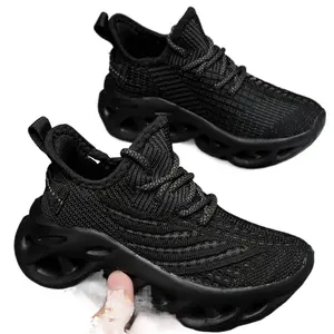 [Woven Knit Sneakers] Woven Knit Sneakers --On Low-Top Blade Shoes with Non-MD Sole, Breathable All-Black/White Accent Outdoor, Training & Casual Wear - Lightweight Kids Shoes ( to)
