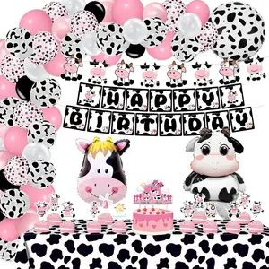 Bluegogo 120PCS Cow Birthday Party Decorations, Cow Print Birthday Decorations Include Pink Cow Balloon Garland Arch Tablecloth Banner Toppers Balloons for Cow Themed Birthday Party Supplies