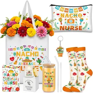 Lounsweer 7 Pcs Nacho Average Nurse Gift Set 2026 Nurses Week Gifts Funny Nursing Graduation Appreciation Gift for Doctor Cna Mexican Party Fiesta Tote Bag Makeup Socks Cup Keychain Candle