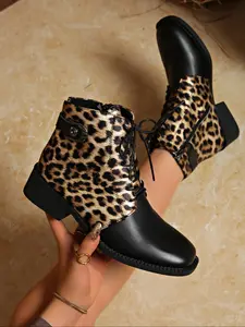 Women's Casual Slip-On High Heel Short Boots, Leopard Print Mid-Calf Ankle Booties with Side Zipper, Comfortable Fall & Winter Shoes Rubber