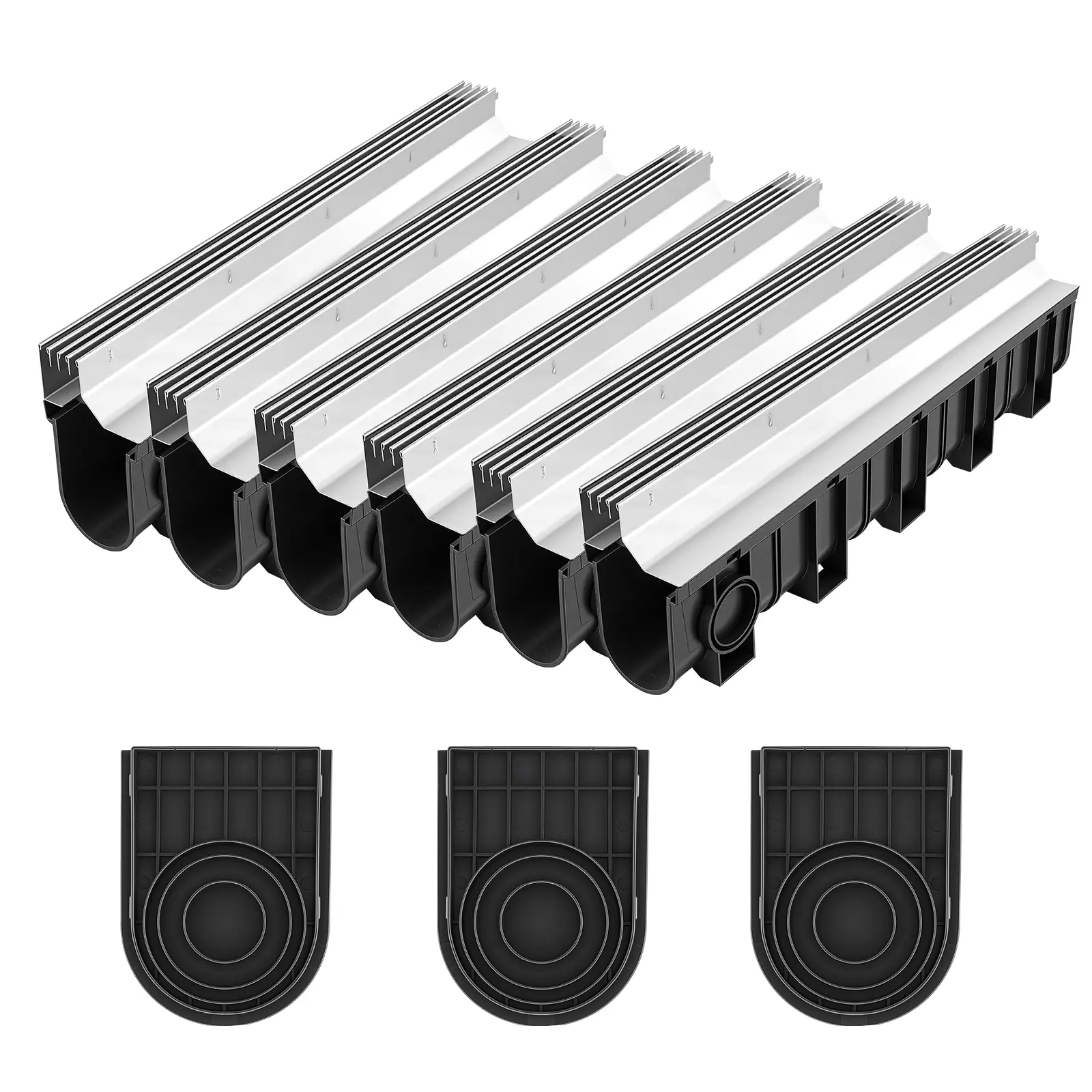 VEVOR 3-Pack Extendable HDPE+Steel Linear Trench Drain, 39.7in Long 5.8x7.4in Channel Drain with Stainless Steel Grate, Clog-Resistant Deep Structure, Fast Water Flow, Garage Exit Ready for Pool, Outdoor Concrete/Brick Driveway DIY Users, Black & Silver