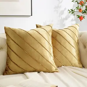 Decorative Velvet Pillow Covers, 18 in x 18 in, a Set of 2, Gold, for Sofa and Couch, Square Cushion Accent Stripe Covers for Living Room