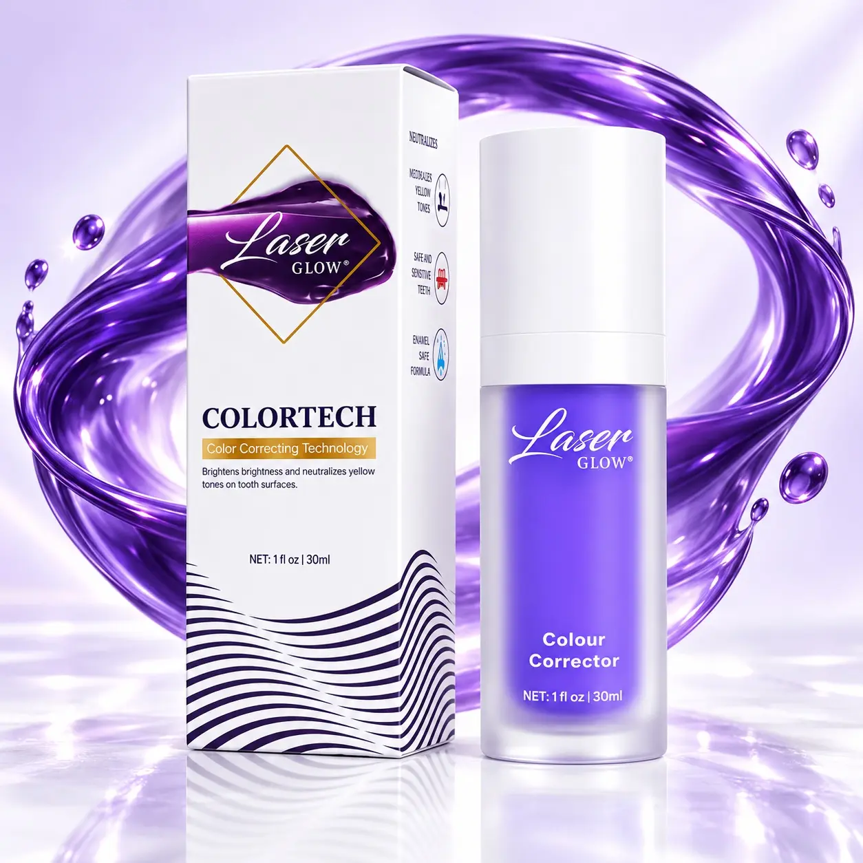 LaserGlow Purple Toothpaste, Named Best Purple Whitener for Sensitive Teeth by Health.com, Color Correcting Toothpaste Serum for Yellow Tones, Peroxide-Free, 30ml