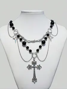 Gothic Dark Cross Pendant Necklace, Multi-Layer Tassel Beaded Choker Chain, Casual Style for All Seasons, Perfect Halloween Gift, Cross Necklaces, Layered Necklaces