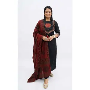 Real Mirror Embroidery Black Cotton Kurta Set